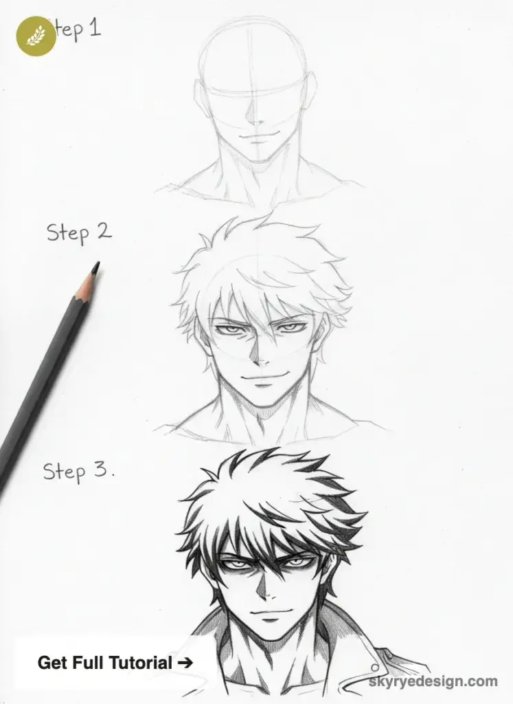 Three-step pencil tutorial of a male anime/manga head and shoulders from sketch lines to shaded finished portrait