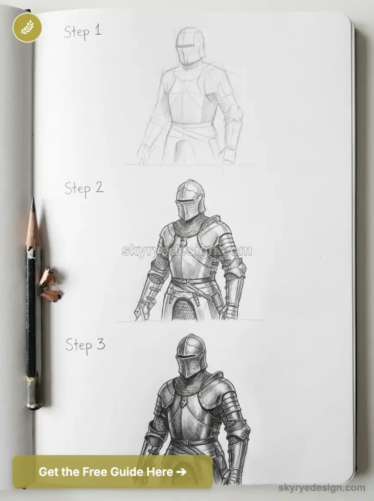 Sketchbook with three-step pencil tutorial of a medieval knight in armor, pencil and shavings alongside.