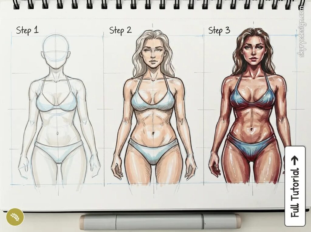 Three-step tutorial: female figure drawing in bikini, from rough sketch to detailed shaded colored illustration