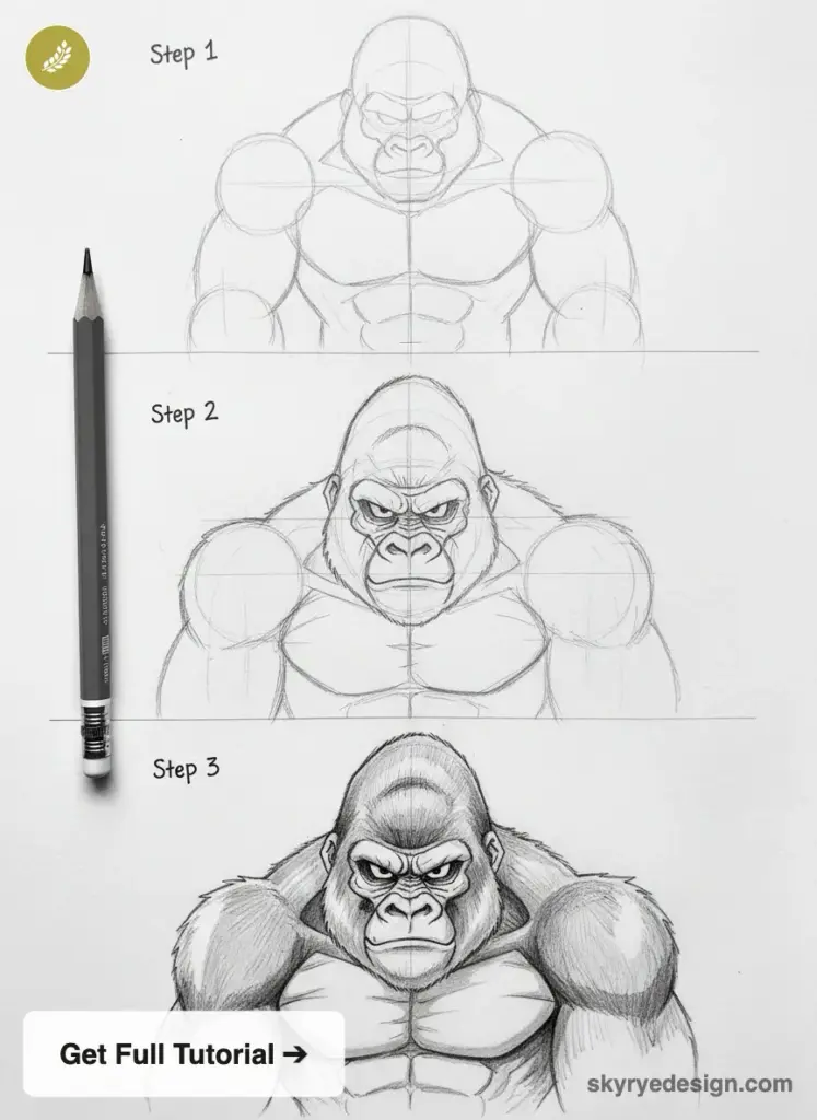 How to draw gorilla: step-by-step pencil sketch tutorial showing three stages of a muscular gorilla