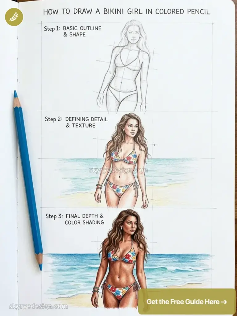 Colored pencil tutorial: three steps to draw and shade a bikini girl — outline, detail & final color shading.