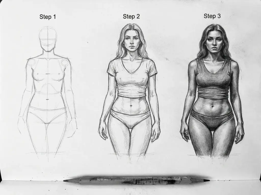 Three-step pencil drawing tutorial: front-view female figure progression from basic guidelines to detailed shaded sketch.