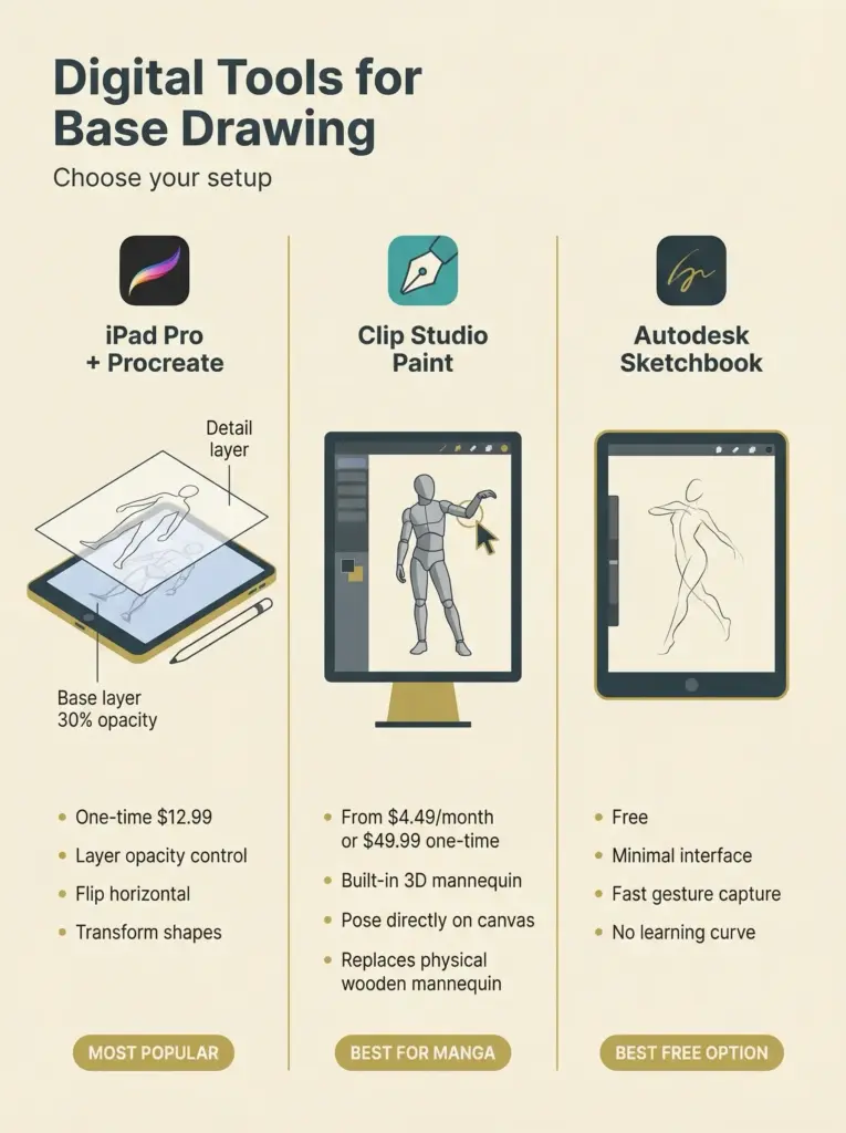 Infographic comparing digital drawing apps, features and pricing: iPad Pro + Procreate, Clip Studio Paint, Autodesk Sketchbook