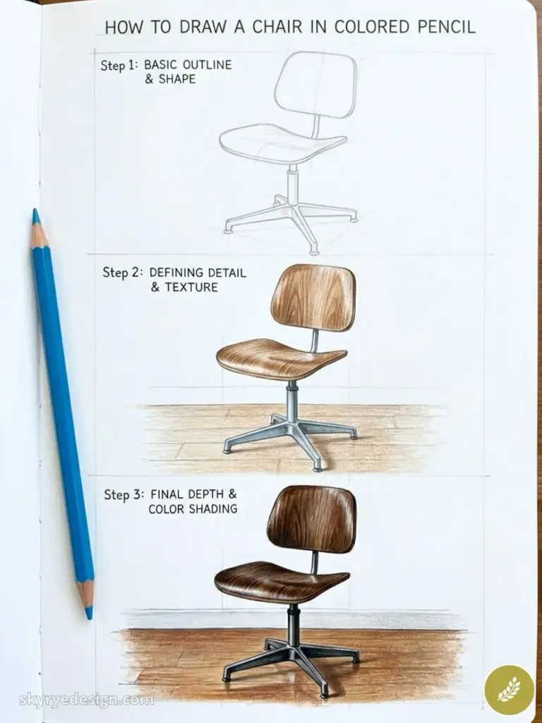 How to draw a chair in colored pencil — 3-step tutorial: outline, texture, final shading; blue pencil visible