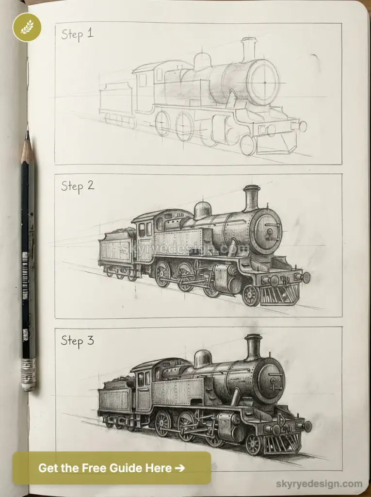 Sketchbook step-by-step pencil tutorial of detailed vintage steam locomotive drawings with pencil