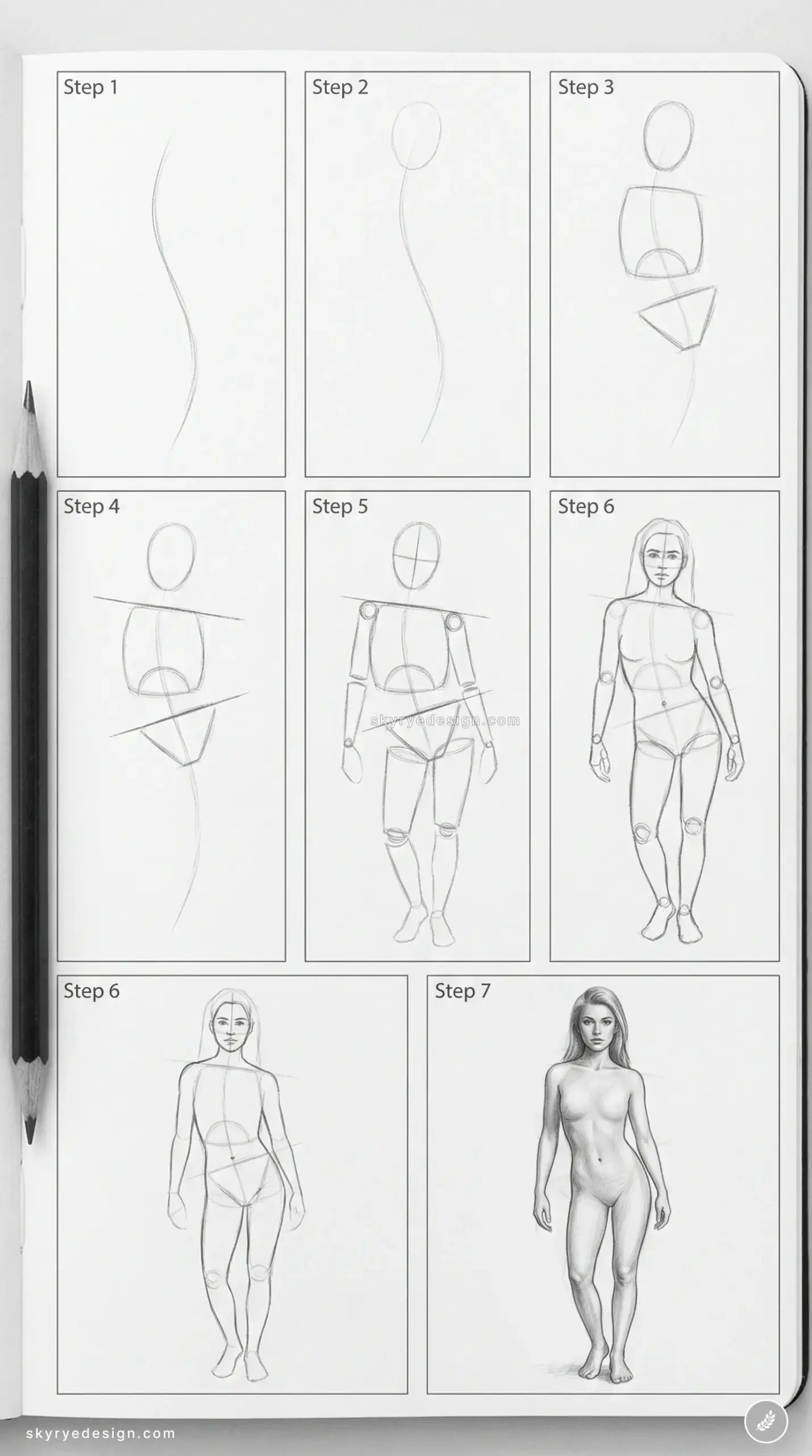 Step-by-step pencil figure drawing tutorial: progressive female anatomy sketches from gesture lines to shaded finished figure.