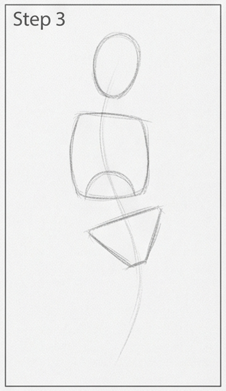 Step 3 drawing tutorial: light pencil figure sketch showing oval head, box torso, triangular pelvis and curved spine guide.