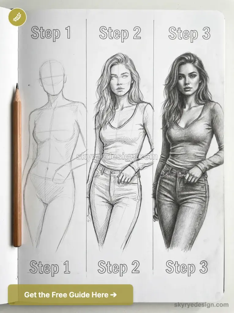 Three-step pencil drawing tutorial showing progression from basic female figure sketch to detailed realistic portrait