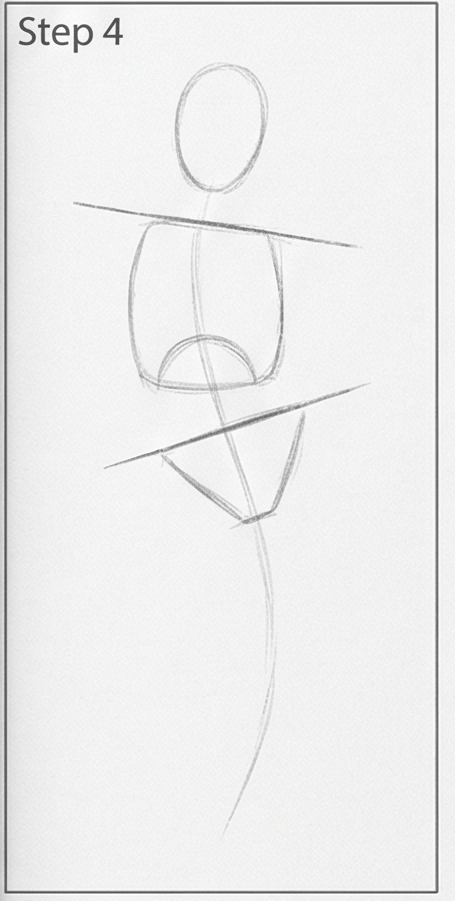 Figure drawing tutorial Step 4: pencil gesture sketch with oval head, torso block, pelvis triangle and slanted guidelines