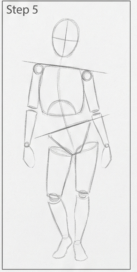 Figure drawing tutorial Step 5: mannequin construction sketch with joint circles, limb cylinders, tilted shoulders and hips