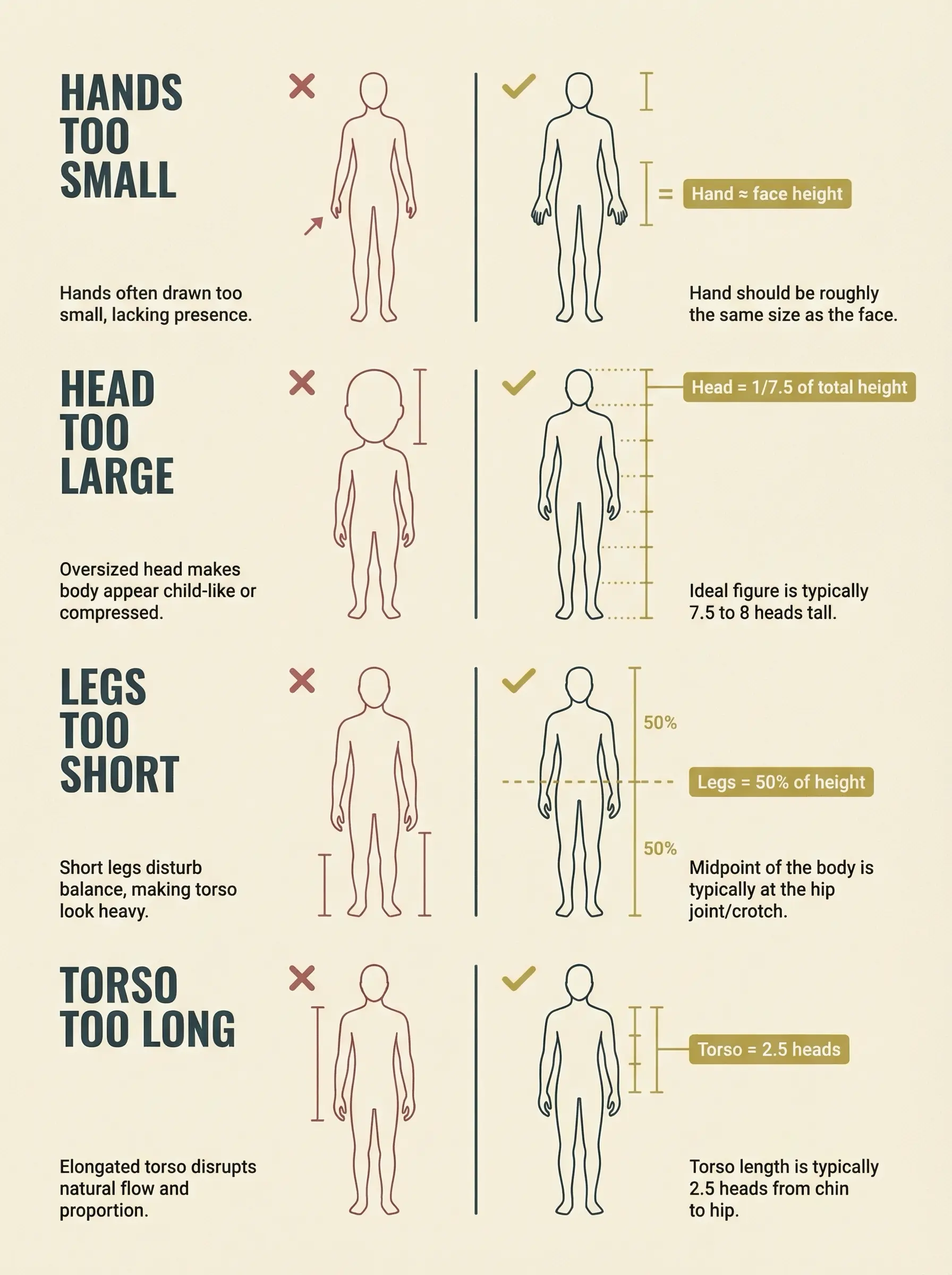 Human proportions infographic showing correct vs incorrect: hand ≈ face, head 1/7.5 height, legs 50%, torso 2.5 heads.