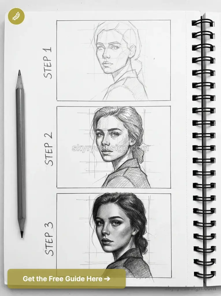 Sketchbook three-step pencil portrait tutorial showing progressive stages of a woman's face with a pencil beside it.