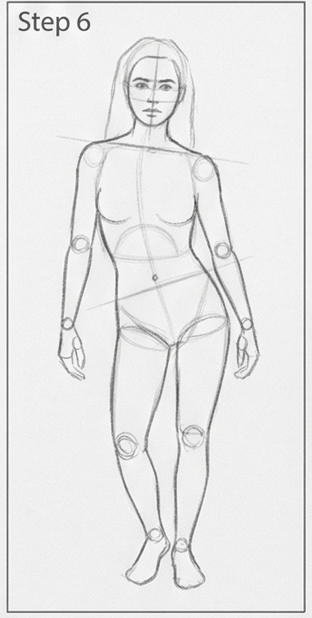 Female figure drawing tutorial step 6: front-view construction sketch showing proportions, guidelines, and joint markers