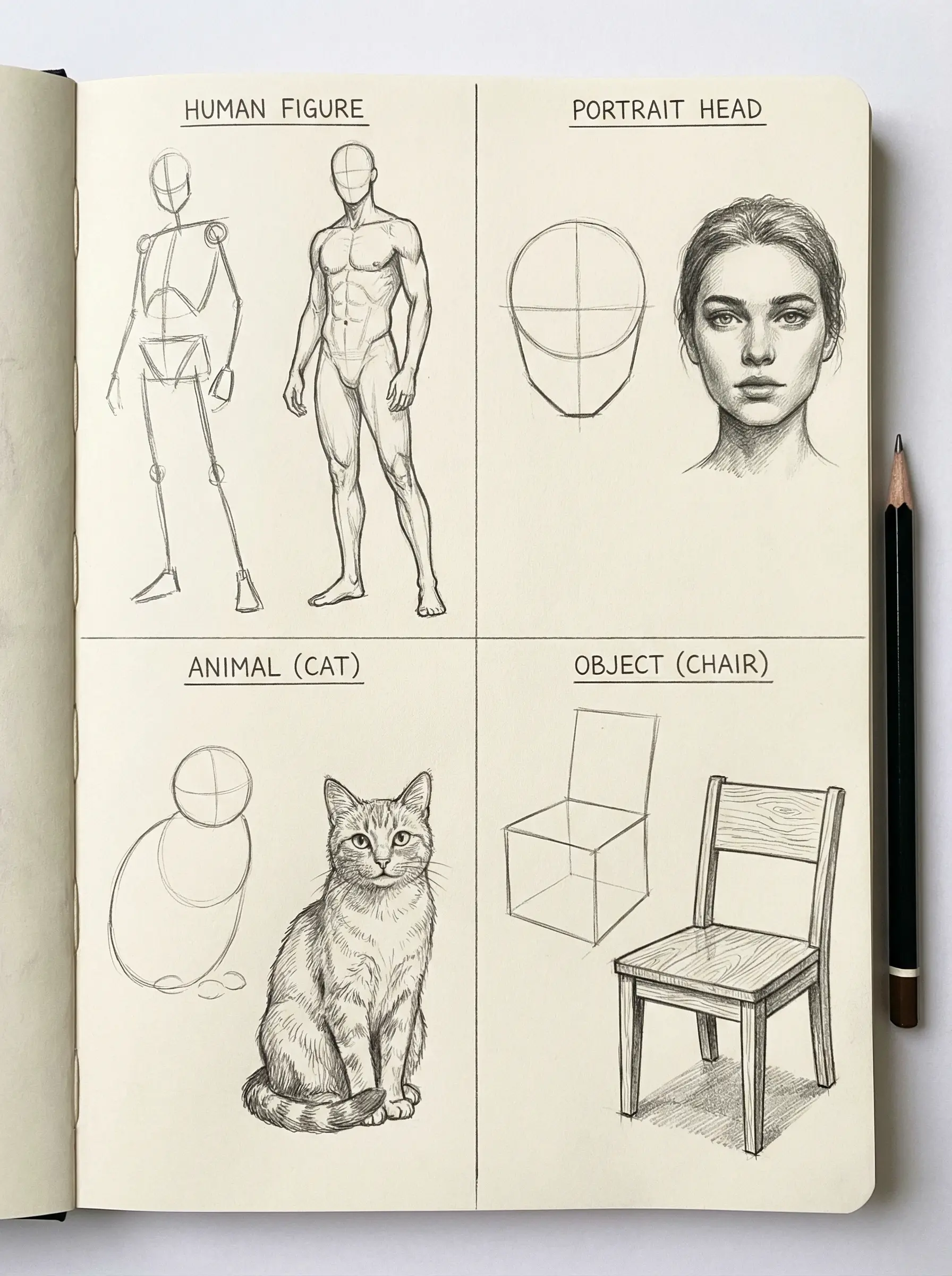 Sketchbook page of pencil drawing tutorials: human figure, portrait head, cat and chair studies.