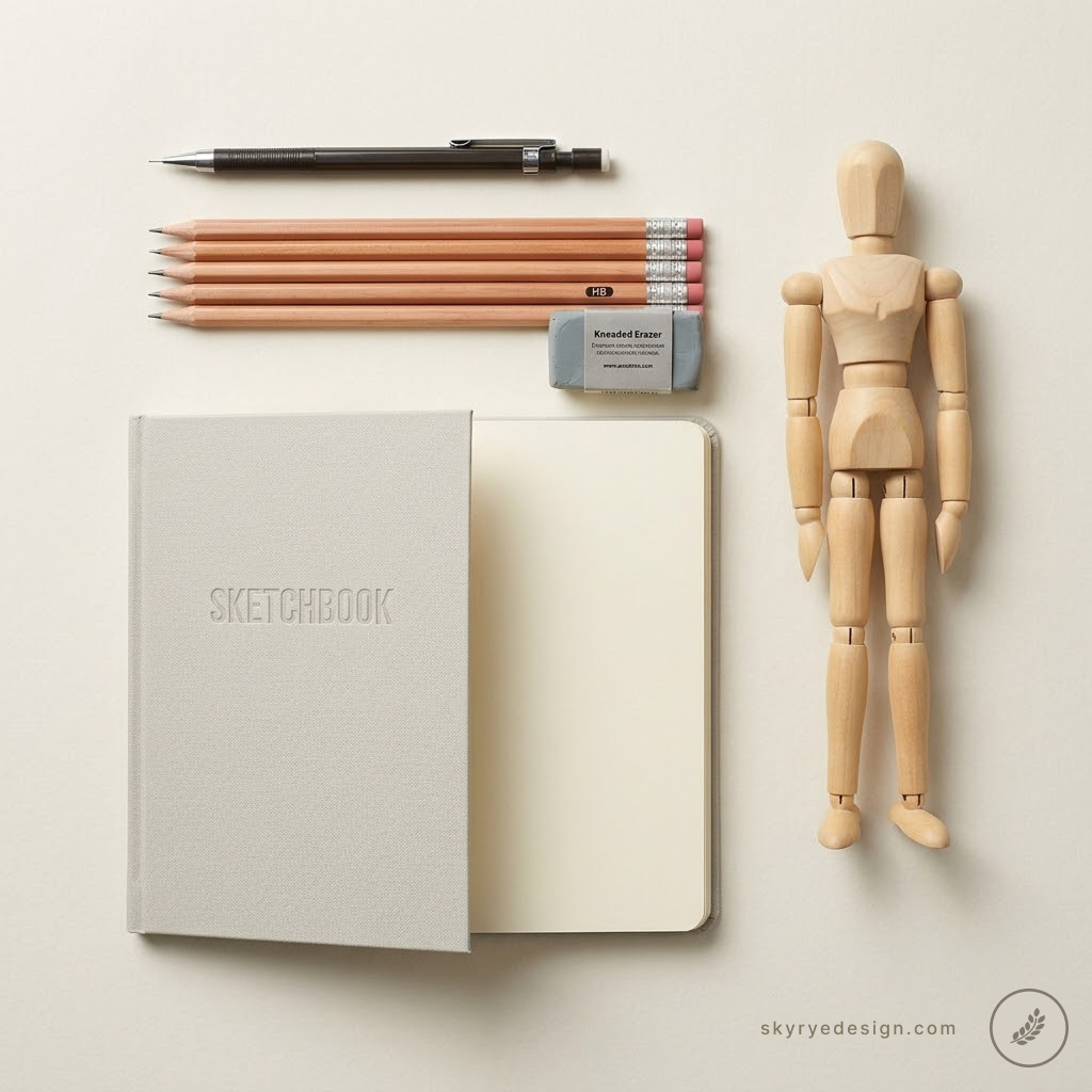 Neutral flat lay of art supplies: sketchbook, graphite pencils, kneaded eraser, mechanical pencil and wooden mannequin