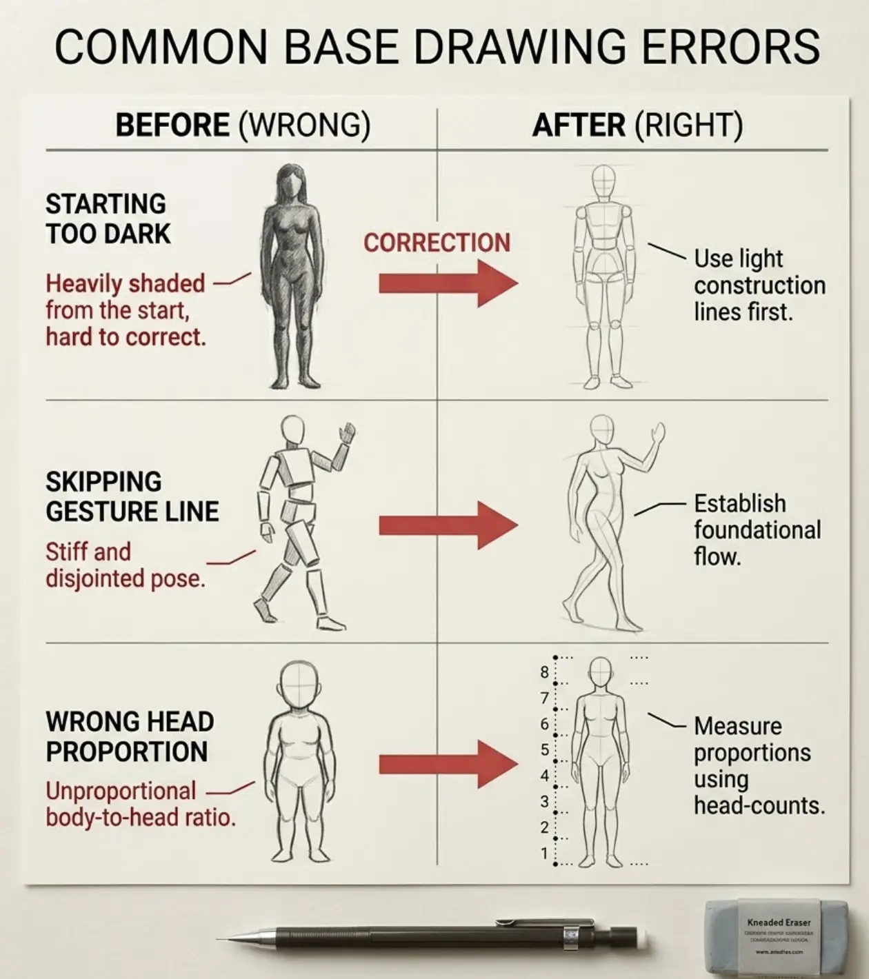 Infographic of common figure-drawing errors and corrections: start light, use gesture lines, measure proportions by heads.
