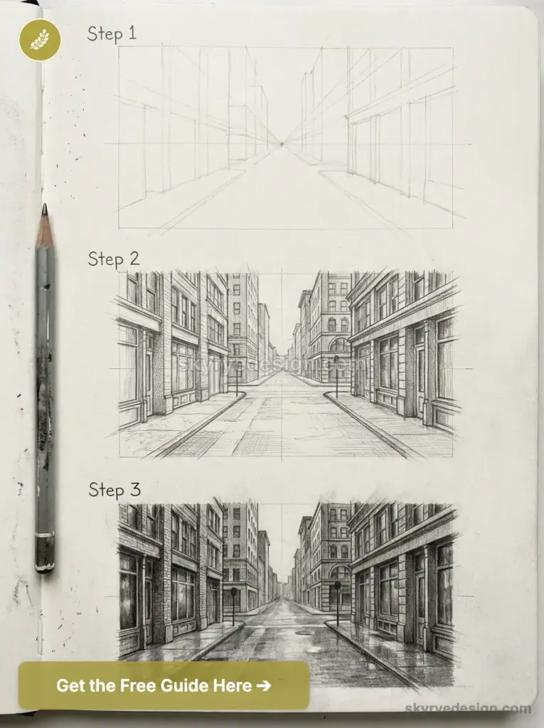 Sketchbook tutorial: step-by-step pencil drawings of a one-point perspective city street, pencil at left.