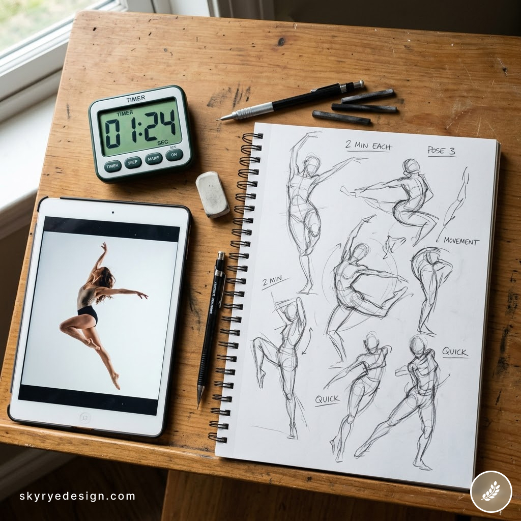 Gesture sketches of dancer in spiral sketchbook with tablet photo reference, timer, pencils on wooden desk