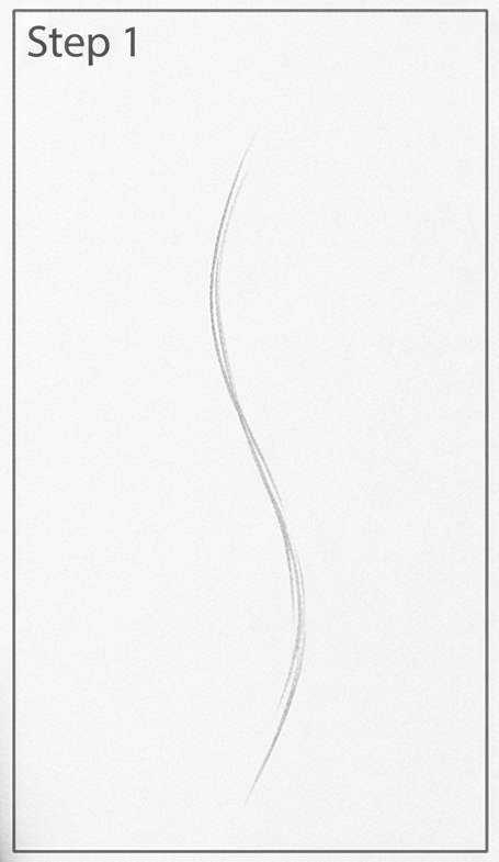 Step 1: faint S-shaped pencil guideline on white background for a drawing tutorial