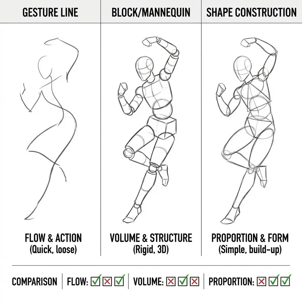 Figure drawing tutorial: gesture line, block/mannequin, shape-construction sketches in three panels with comparison checks