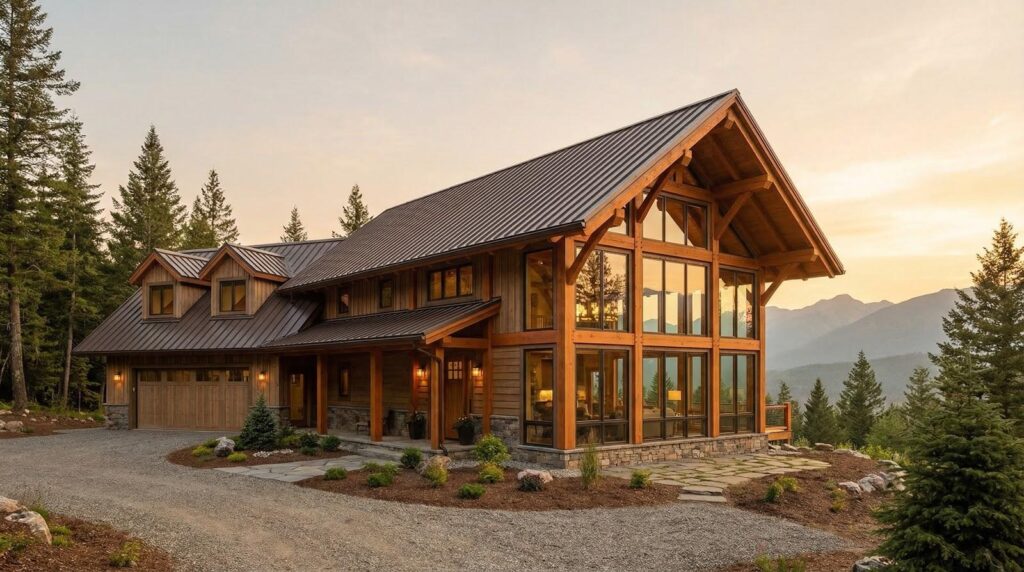 Modern timber mountain house with large floor-to-ceiling windows, metal roof, and forested sunset backdrop