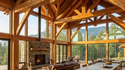 Luxury mountain cabin interior with timber-frame beams, floor-to-ceiling windows, stone fireplace and forest views