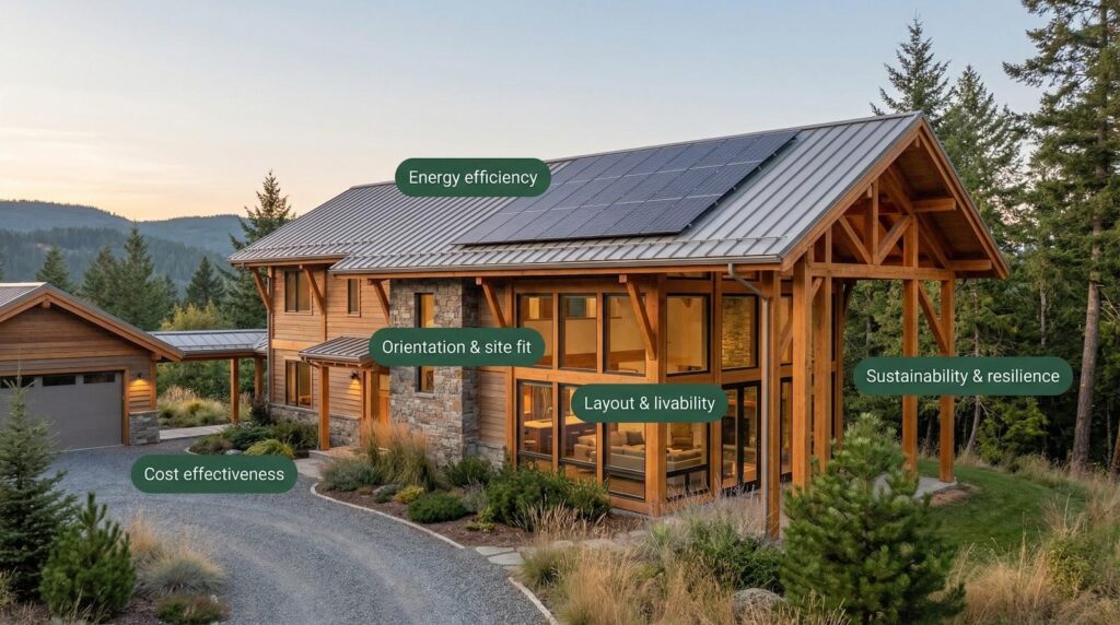 Energy-efficient timber mountain home with solar panels, floor-to-ceiling windows and sustainable landscaping
