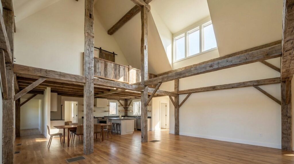 Open-concept rustic barn-style living space with exposed timber beams, hardwood floors, loft balcony and bright kitchen