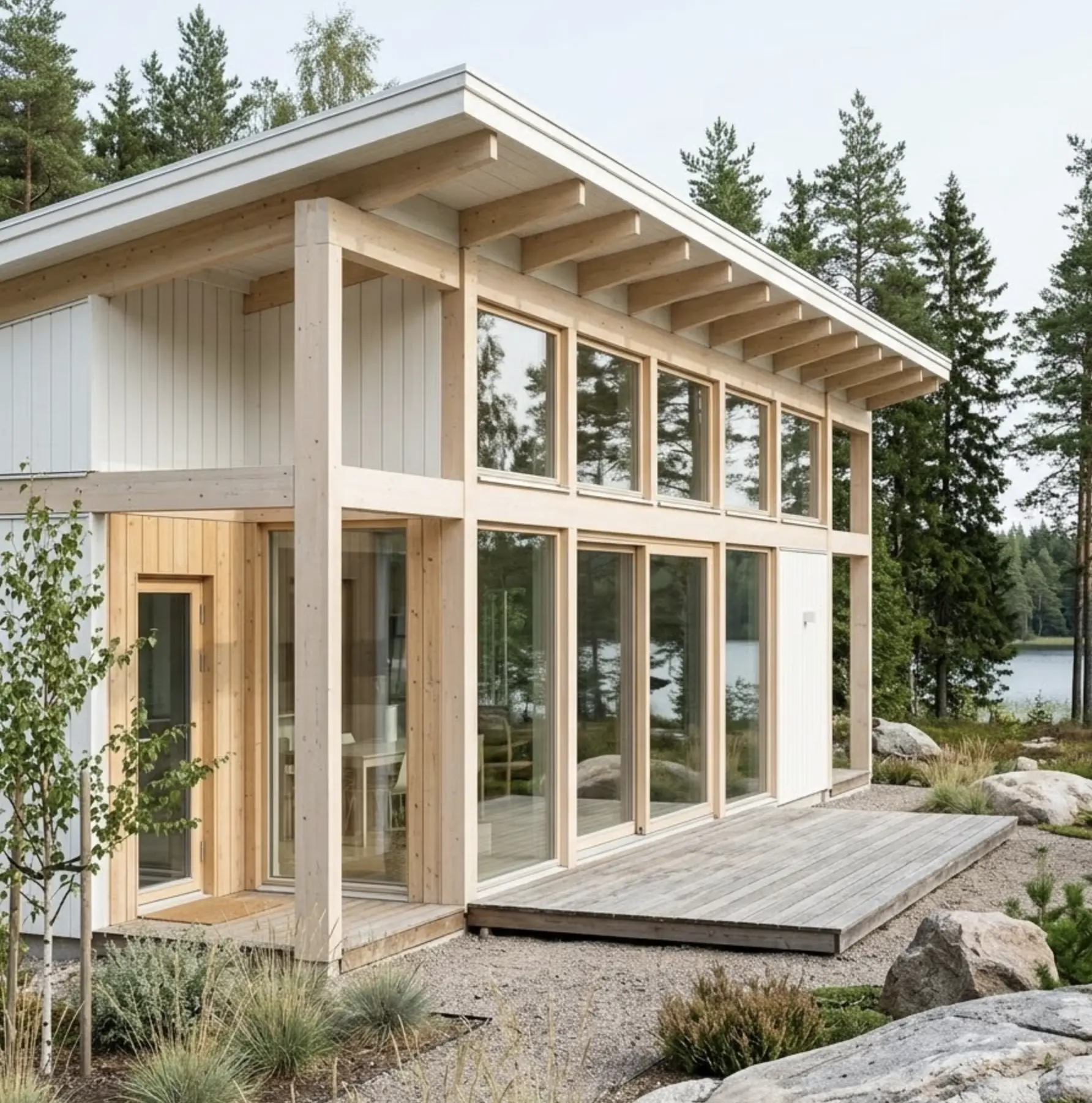 Modern Scandinavian lakeside cabin with timber frame, floor-to-ceiling windows and wooden deck surrounded by pine forest