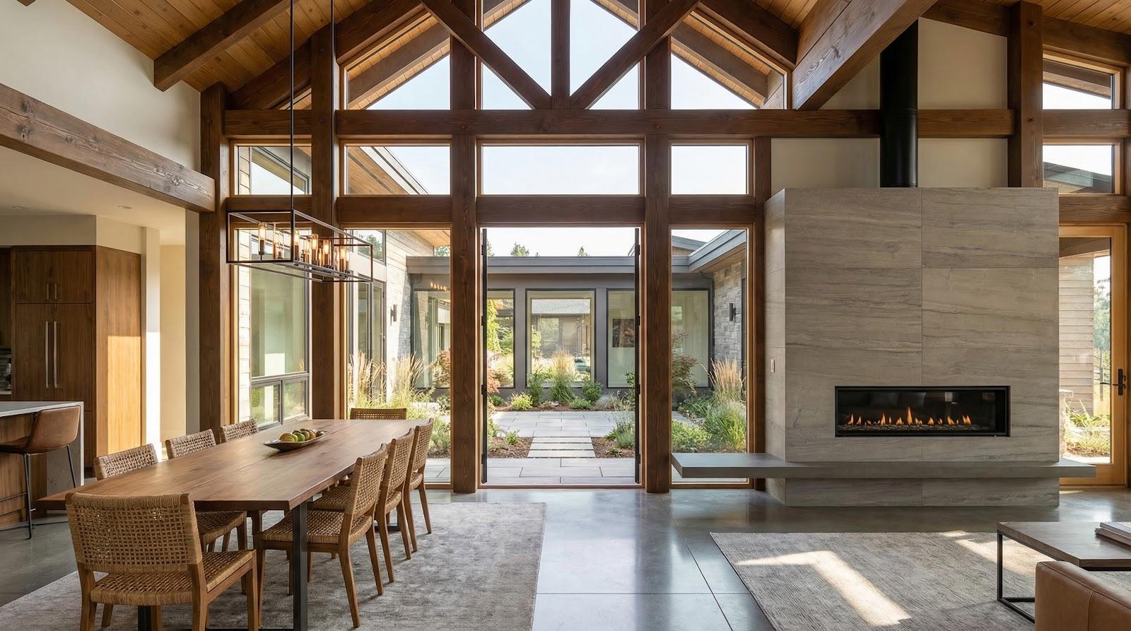 Modern open-plan dining and living room with vaulted wood beams, floor-to-ceiling windows, courtyard view and fireplace