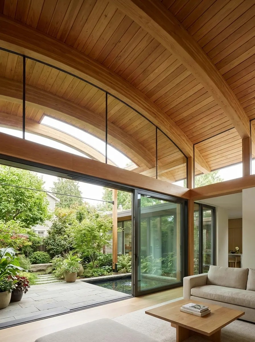 Modern living room with arched timber ceiling and floor-to-ceiling sliding glass doors opening to a lush courtyard pond.