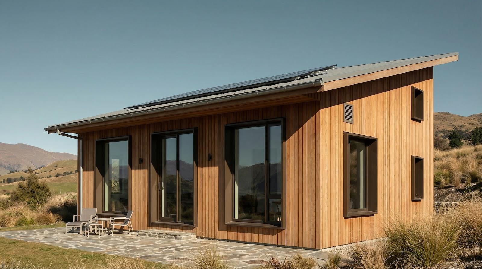 Solar-paneled modern wood house with large windows and patio chairs on grassy hillside