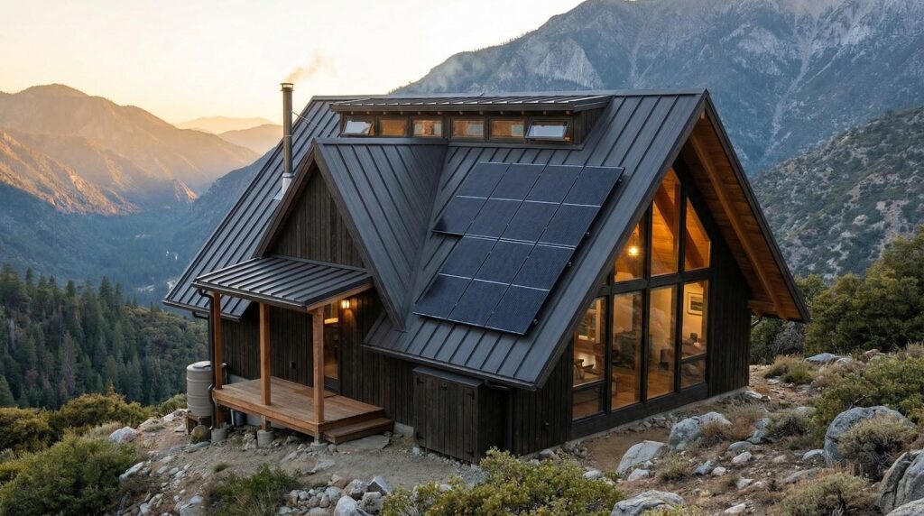Solar-powered mountain cabin with large glass windows overlooking a forested valley at sunset