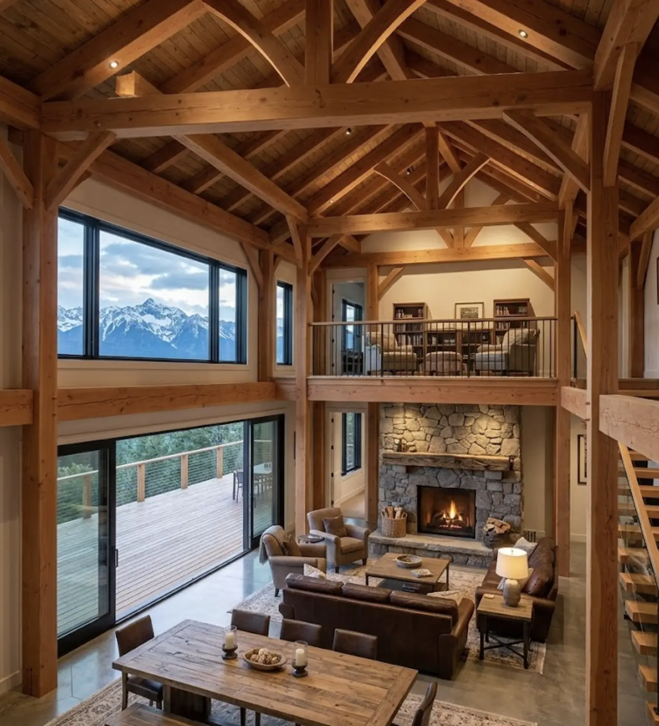 Luxury timber-frame mountain lodge living room with vaulted wood beams, stone fireplace, panoramic windows and deck view