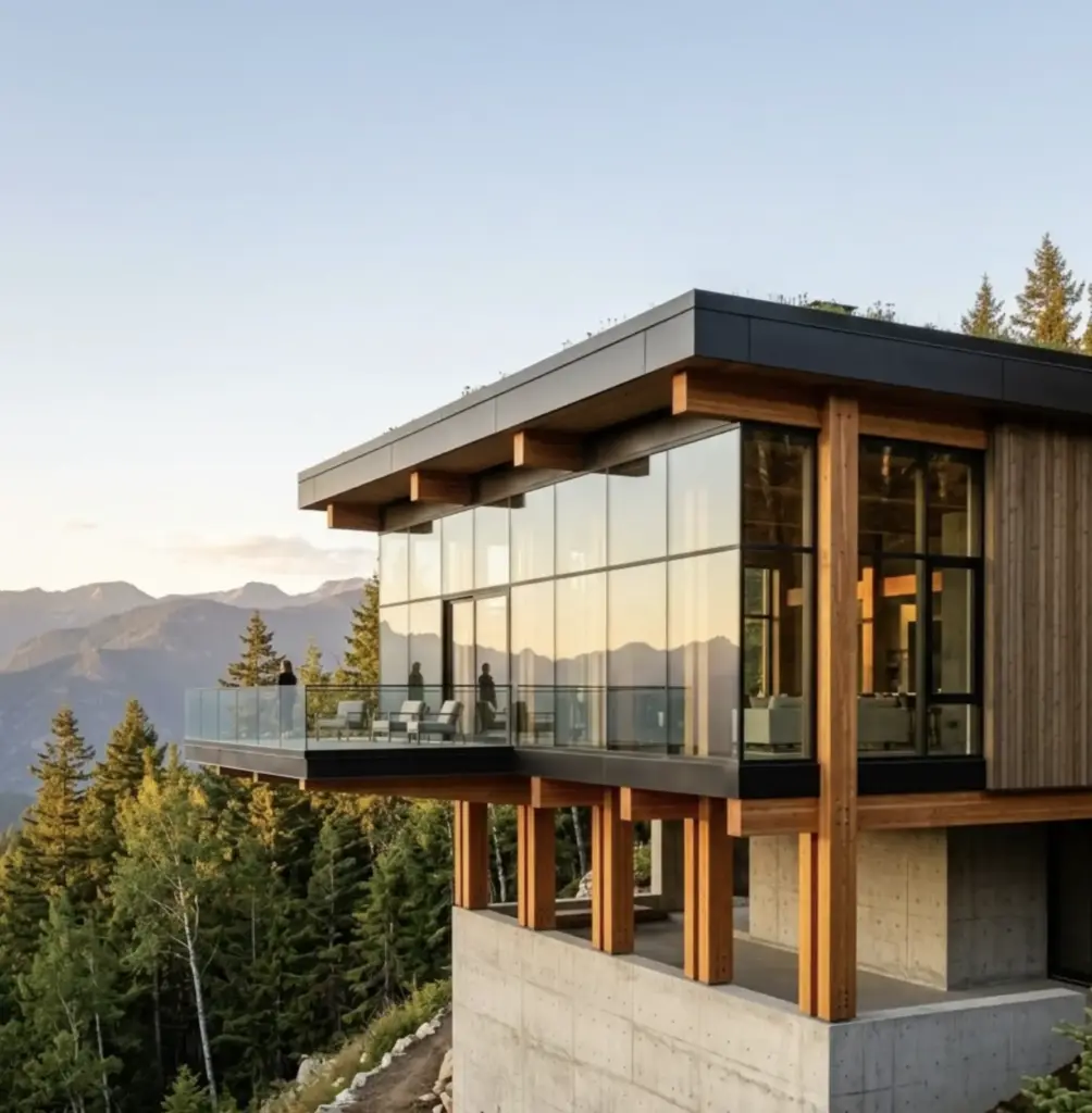 Modern glass-walled mountain house on concrete stilts with wooden beams, balcony overlooking forested valley.