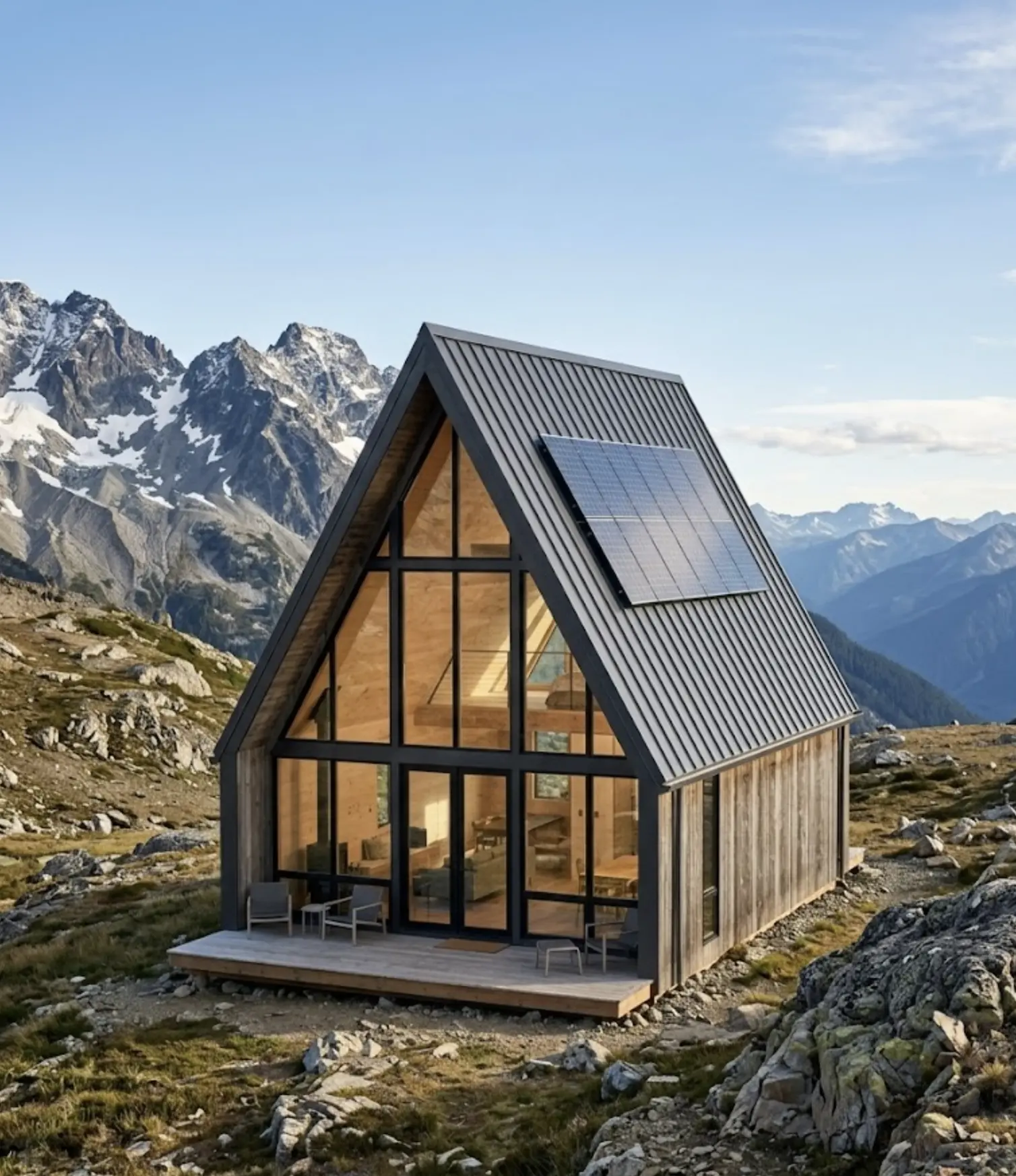 Modern A-frame cabin with floor-to-ceiling windows and solar panels in alpine mountain scenery