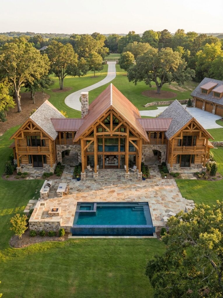 Aerial view of luxury timber-frame lodge with infinity pool, stone patio and winding driveway on wooded country estate.