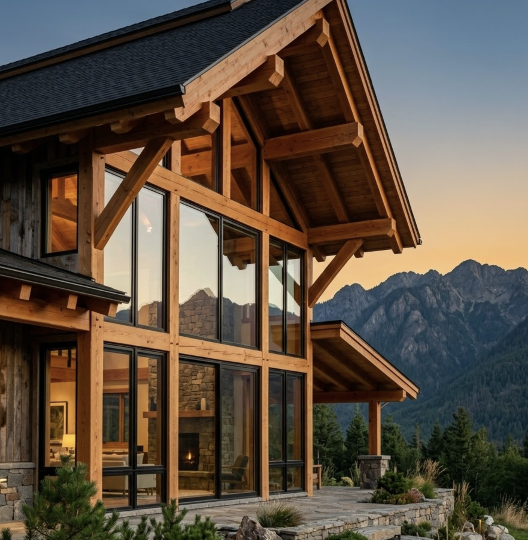 Timber-frame mountain chalet with floor-to-ceiling glass windows, lit interior and mountain sunset view