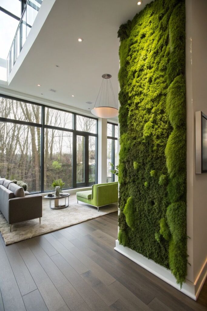 Moss Panels 2 Modern living room with floor-to-ceiling windows, vertical moss wall and green sofa — biophilic design, natural light | Sky Rye Design Modern living room with floor-to-ceiling windows, vertical moss wall and green sofa — biophilic design, natural light