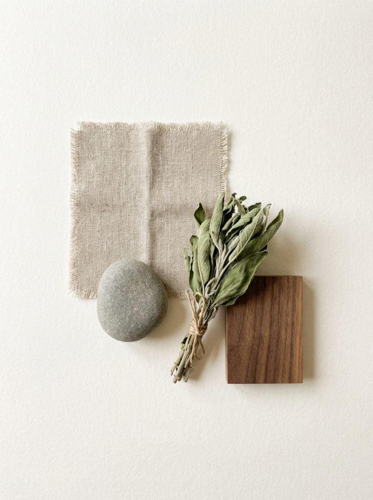 image Natural materials mood board: linen swatch, river stone, tied sage bundle, walnut wood sample. | Sky Rye Design Natural materials mood board: linen swatch, river stone, tied sage bundle, walnut wood sample. Biophilic Interior Design Trends 2026