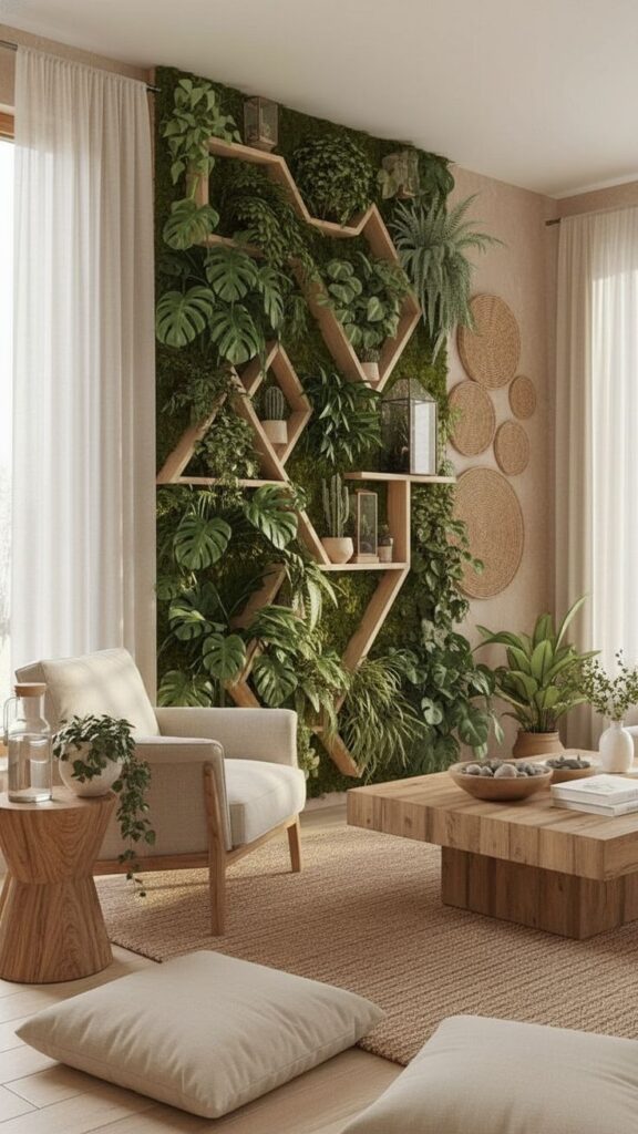 biophilic Cozy neutral living room with vertical moss garden, hexagonal wooden plant shelves and natural wood coffee table | Sky Rye Design Cozy neutral living room with vertical moss garden, hexagonal wooden plant shelves and natural wood coffee table