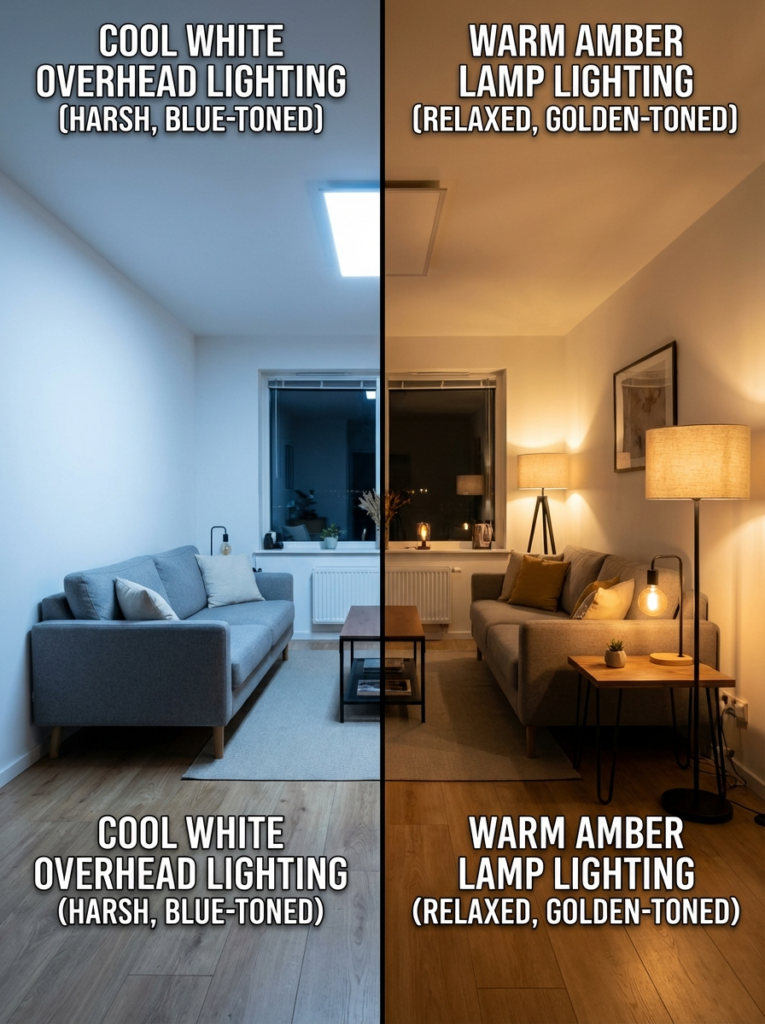 image Living room lighting comparison: cool white overhead vs warm amber lamp (blue-toned harsh vs golden relaxed) | Sky Rye Design Living room lighting comparison: cool white overhead vs warm amber lamp (blue-toned harsh vs golden relaxed)