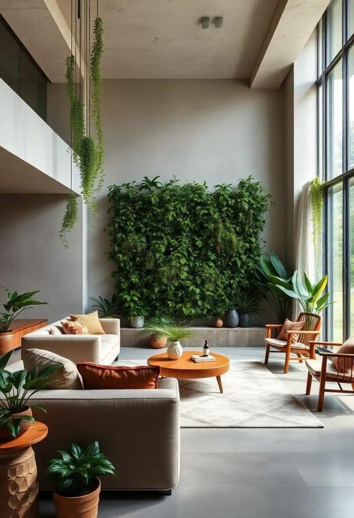 biophilic 3 Modern living room with vertical green wall, floor-to-ceiling windows, neutral sofas, wooden coffee table and indoor plants | Sky Rye Design Modern living room with vertical green wall, floor-to-ceiling windows, neutral sofas, wooden coffee table and indoor plants