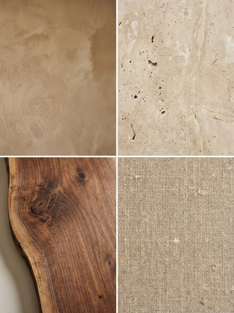 image Neutral texture collage of plaster, travertine stone, live-edge walnut wood and burlap fabric for interior design | Sky Rye Design Neutral texture collage of plaster, travertine stone, live-edge walnut wood and burlap fabric for interior biophilic design ideas
