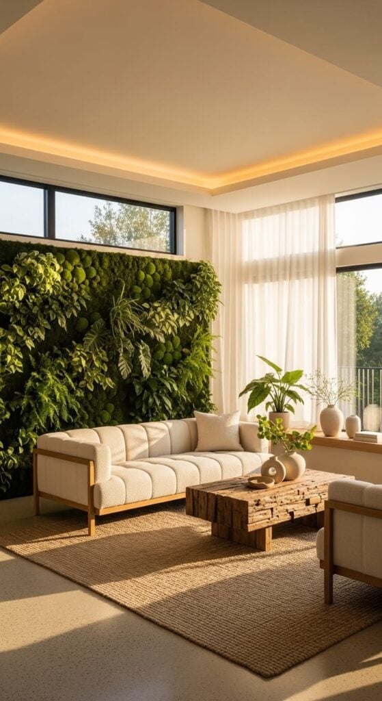 biophilic 4 Biophilic modern living room with green vertical wall, neutral tufted sofa, reclaimed wood coffee table and floor-to-ceiling windows | Sky Rye Design Biophilic modern living room with green vertical wall, neutral tufted sofa, reclaimed wood coffee table and floor-to-ceiling windows