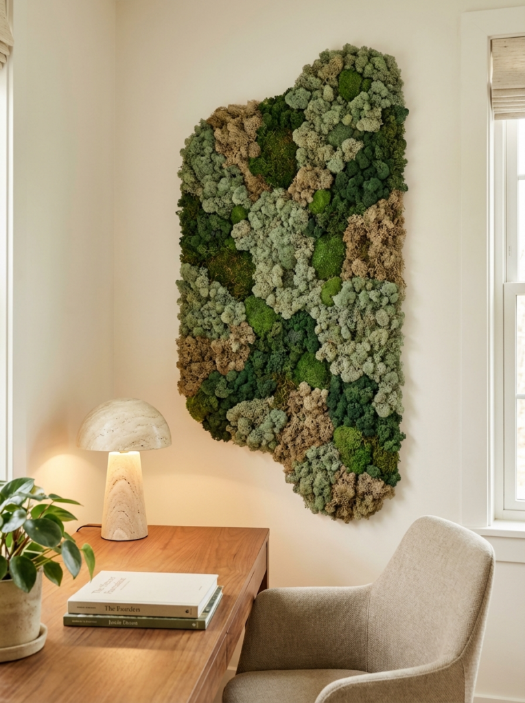 image Preserved moss wall art in modern home office with wooden desk, lamp and potted plant. | Sky Rye Design Preserved moss wall art in modern home office with wooden desk, lamp and potted plant.