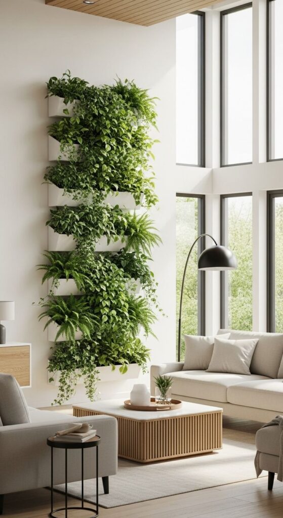 biophilic 2 Modern living room with tall vertical green wall, floor-to-ceiling windows, neutral sofa and wood coffee table, bright light | Sky Rye Design Modern living room with tall vertical green wall, floor-to-ceiling windows, neutral sofa and wood coffee table, bright light