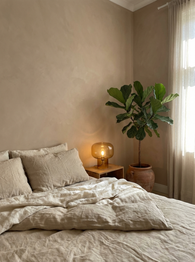 image Minimalist neutral bedroom with linen bedding, amber glass bedside lamp, potted fiddle leaf fig, soft natural light | Sky Rye Design Minimalist neutral bedroom with linen bedding, amber glass bedside lamp, potted fiddle leaf fig, soft natural light