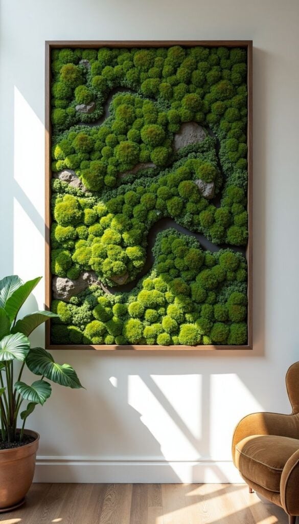 Moss Panels 1 Indoor preserved moss wall art framed vertical garden in modern living room with potted plant and sunlight | Sky Rye Design Indoor preserved moss wall art framed vertical garden in modern living room with potted plant and sunlight