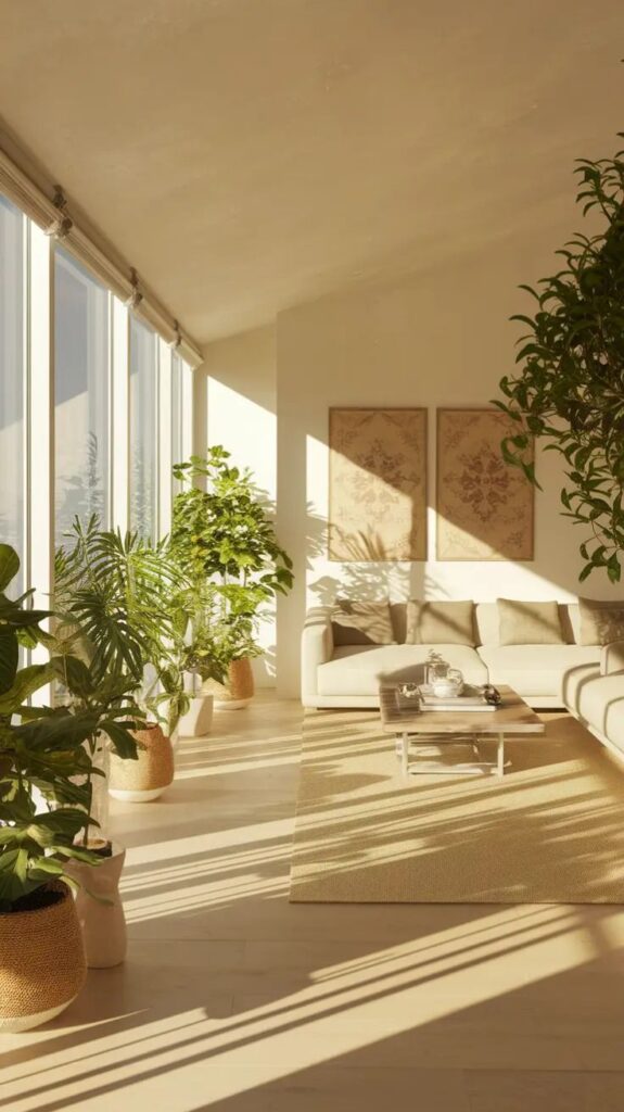 biophilic 5 Sunlit modern living room with floor-to-ceiling windows, neutral sofa, coffee table and multiple indoor plants. | Sky Rye Design Sunlit modern living room with floor-to-ceiling windows, neutral sofa, coffee table and multiple indoor plants.
